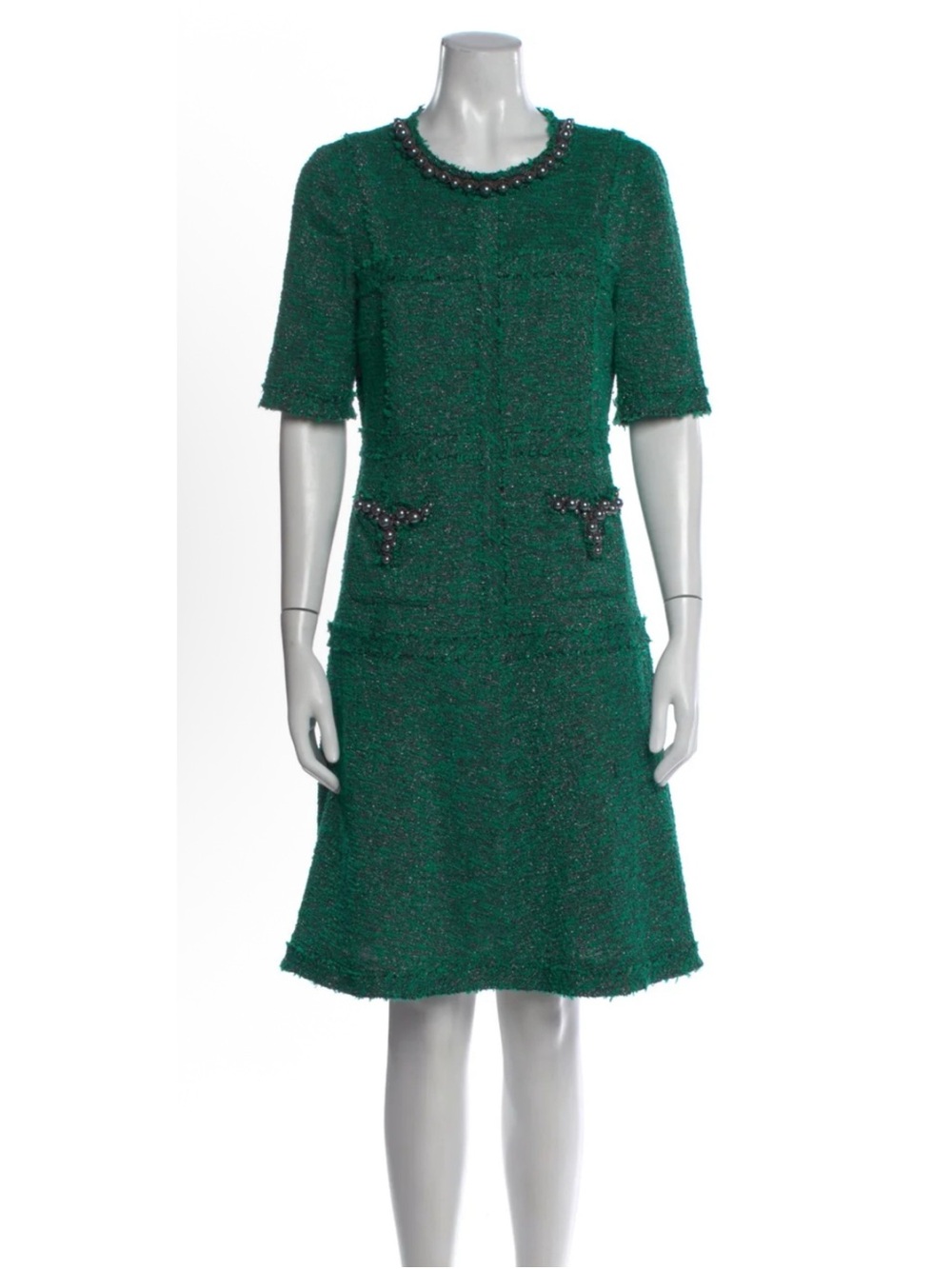 Rickie Freeman for Teri Jon Emerald Green Tweed Pearl Jewel A-Line Dress 💚NWT💚
